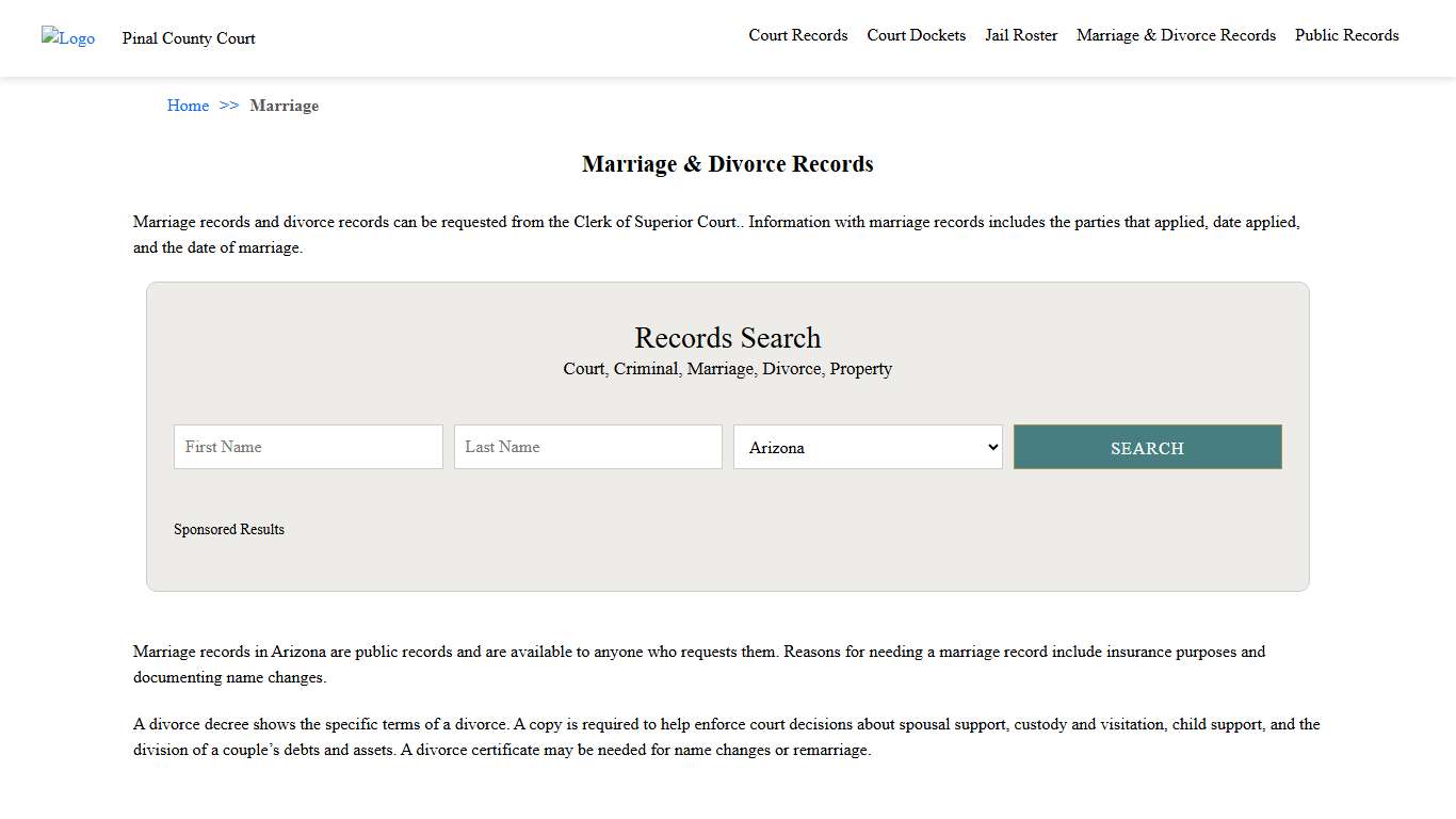 Marriage & Divorce Records | Pinal County Court